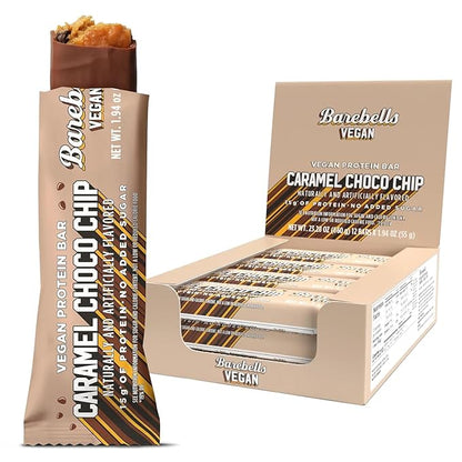 Barebells Vegan Protein Bars Caramel Choco Chip, Plant Based with High Protein - Chocolate Protein Bars - Perfect on The Go Protein Snack & Breakfast Bars 12 Count (Pack of 1)