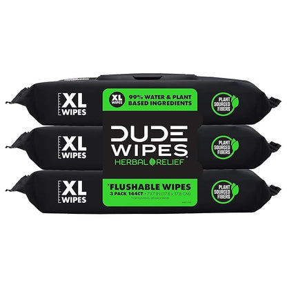 DUDE Wipes Herbal Relief Flushable Wipes - Extra-Large Adult Wet Wipes - 3 Pack (144 Count) - Infused with Soothing Witch Hazel, Geranium Essential Oils, Vitamin E, and Aloe - Septic and Sewer Safe