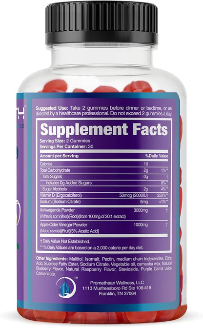 Ashwa ACV Pro Health - Sugar Free Apple Cider Vinegar Gummies with Ashwagandha, Advanced Keto, Stress Relief Supplements with Vitamin D, 1g Carbs Per Gummy (60 Count)