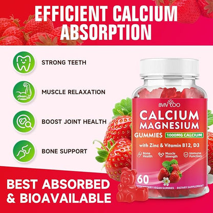 Calcium Gummies 1000mg with Vitamin D3 K2 & B Complex, Potassium, Calcium Magnesium Zinc Gummies for Bone, Muscle, Mood and Immunity - Vegan, Non-GMO, Strawberry Flavor 120 Count