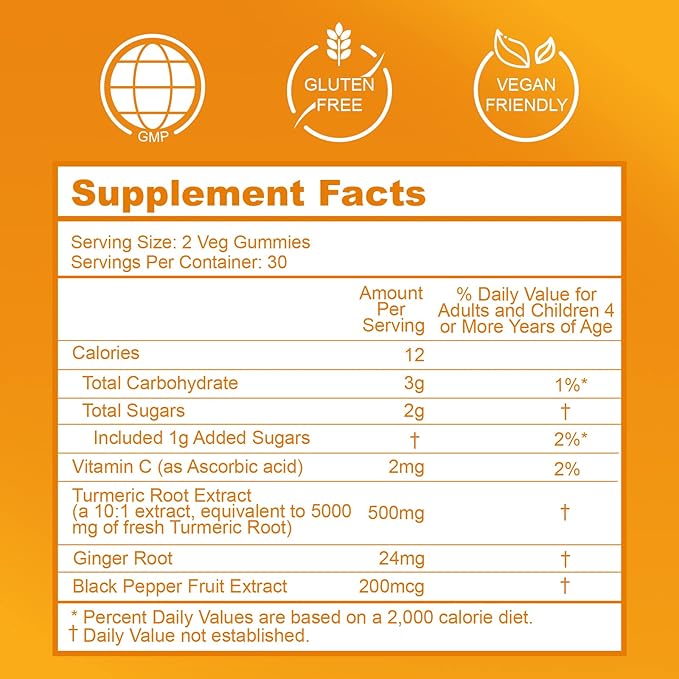 Turmeric Curcumin Gummies 500mg for Adults, with Black Pepper, Ginger Root, Vitamine C, Low Sugar Fruit Gummies, Orange Flavor - 60 Counts