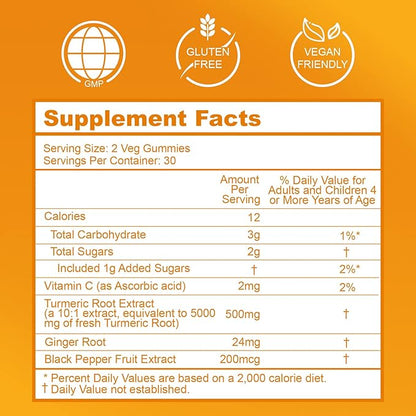 Turmeric Curcumin Gummies 500mg for Adults, with Black Pepper, Ginger Root, Vitamine C, Low Sugar Fruit Gummies, Orange Flavor - 60 Counts