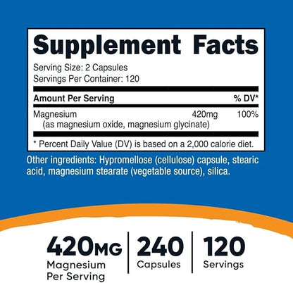 Nutricost Magnesium+ Extra Strength 420mg, 240 Capsules - 120 Servings. Magnesium Oxide and Glycinate - Non-GMO, Gluten Free, Vegan Friendly (Pack of 2)