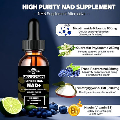 NAD Supplements for Women & Men, Liposomal NAD Nicotinamide Riboside Resveratrol 900mg w. B3 Vitamin Quercetin TMG, Liquid Resveratrol NAD Plus Supplement for Anti-Aging Energy Focus Longevity