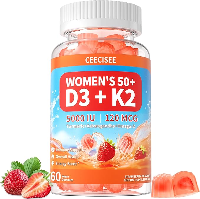 Vitamin D3 K2 Gummies Supplement for Women 50+: Organic Vitamin D3 5000 IU + K2 (MK-7) 120 mcg with 500mg Omega-3, 400mg Calcium, CoQ10 for Immune Health - Extra Strength for Adults(60Count)