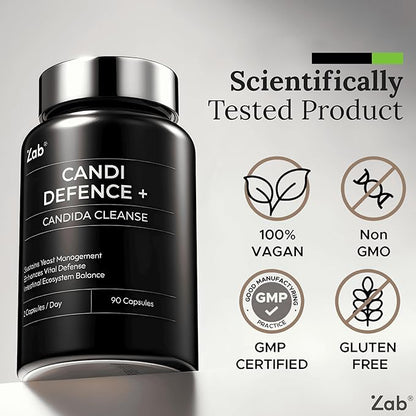 ZAB Candi Defence Capsules 11-in-1 - Candida Cleanse for Women Men Candida Support with Caprylic Acid, Oregano, Probiotics & Aloe - 1307mg Gut Cleanse Detox for Candida Clean Balance, 90 Capsules