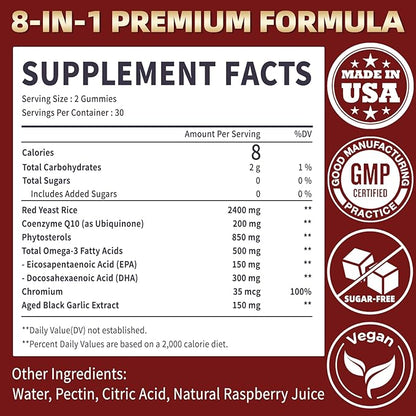 Red Yeast Rice with CoQ10 Gummies,2400mg Red Rice Yeast for Cholesterol*, CoQ10 200mg with Phytosterols, Omega - 3 & Chromium,- 60 Count, Raspberry Flavor for Women & Men