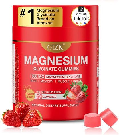 Magnesium Glycinate Gummies 500mg – Sugar Free Magnesium Gummies with L-Theanine - Sleep, Calm, Stress Relief for Adults & Kids 4+, Vegan, No Melatonin (Strawberry Flavor, 60 Count)