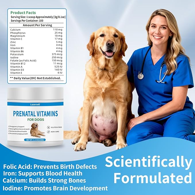 Prenatal Vitamins for Dogs - Aids Healthy Gestation, Puppy Development & Milk Production - Packed with Folic Acid, Calcium, Iron & Key Vitamins - Ideal for Pregnant and Nursing Canines