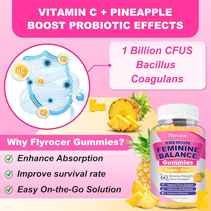 Feminine Balance Gummies for Women - PH Balance Gummies Support Vaginal Flora, Gut Health & Immune System, Vegan, Gluten-Free, Tropical Pineapple Flavor (60 Count)