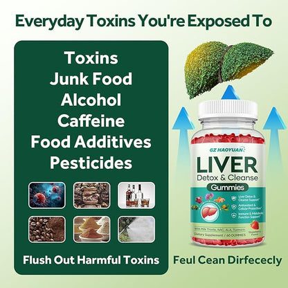 Liver Cleanse Detox & Repair Gummies, Milk Thistle Supplement with NAC, Alpha Lipoic Acid, Dandelion Root, Artichoke Leaf for Liver Detox Support, Antioxidant, Immune Support, Strawberry Flavor 60ct