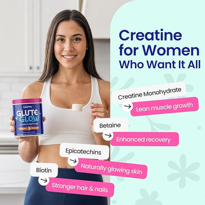 Glute Y Glow by Amatemas – Women's Creatine + Biotin Supplement for Muscle Growth, Glute Support, Hair Skin & Nails – Horchata Flavor – Energy Support – Lean Muscle – Daily Performance Blend