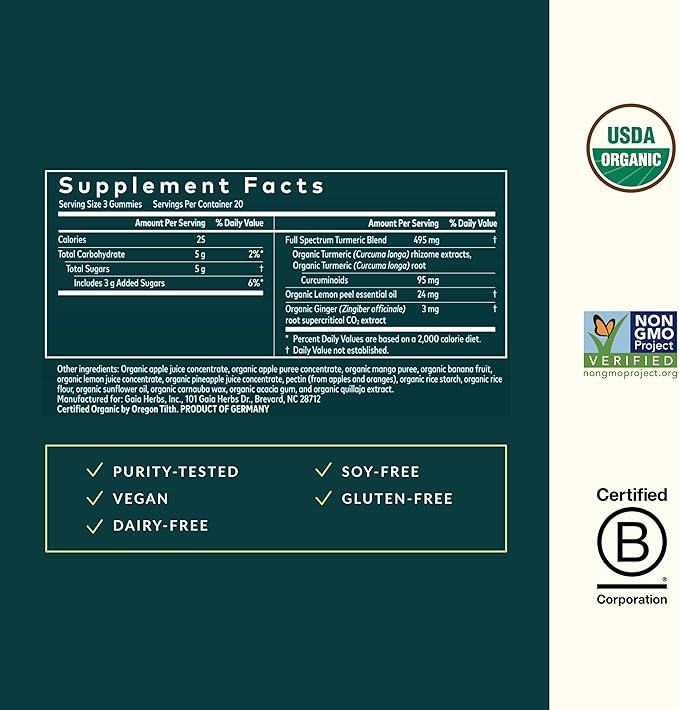 Gaia Herbs Turmeric Supreme Gummies Extra Strength - Supports Healthy Inflammatory Response in Healthy Individuals* - Lemon Ginger Flavor - 60 Vegan Organic Gummies (20 Servings)