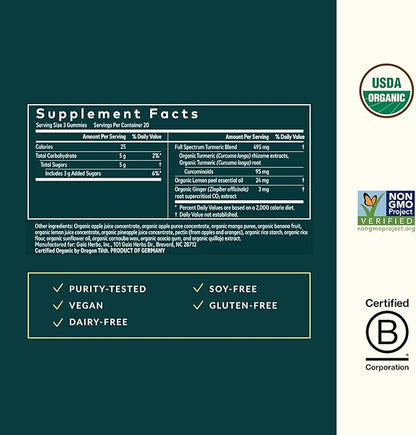 Gaia Herbs Turmeric Supreme Gummies Extra Strength - Supports Healthy Inflammatory Response in Healthy Individuals* - Lemon Ginger Flavor - 60 Vegan Organic Gummies (20 Servings)