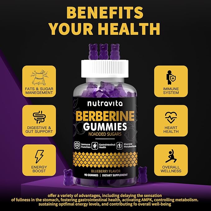 Nutravita Berberine Gummies with Ceylon Cinnamon 1500mg High Potency Berberine HCL Supplement for Immune and Metabolism Support, Sugar Free Organic Berberine Gummies Blueberry Flavor-1PACK