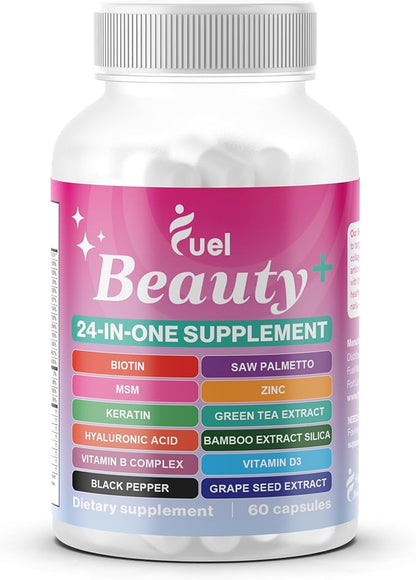 Fuel Beauty+ 24-in-1 Hair, Skin & Nails Vitamins for Women – 5000mcg Biotin, Hyaluronic Acid & Saw Palmetto – Daily Multivitamin for Hair Growth, Nail Strength & Skin Glow – 60 Capsules