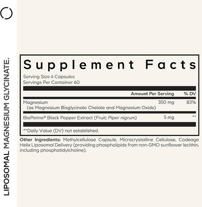 Codeage Liposomal Magnesium Glycinate Supplement, 2-Month Supply, Bisglycinate Magnesium Chelate, Chelated Magnesium Mineral Pills, BioPerine Black Pepper Vitamins Capsules, Non-GMO Vegan, 240 ct