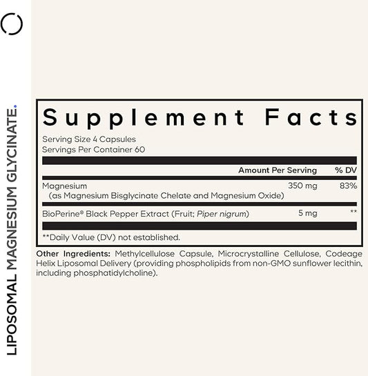 Codeage Liposomal Magnesium Glycinate Supplement, 2-Month Supply, Bisglycinate Magnesium Chelate, Chelated Magnesium Mineral Pills, BioPerine Black Pepper Vitamins Capsules, Non-GMO Vegan, 240 ct