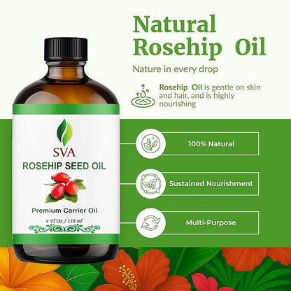 SVA Rosehip Seed Oil - 4 Fl Oz – 100% Natural & Cold Pressed - for Face, Skin Care, Hair Care, Scalp Massage & Body Massage – Carrier Oil with Dropper