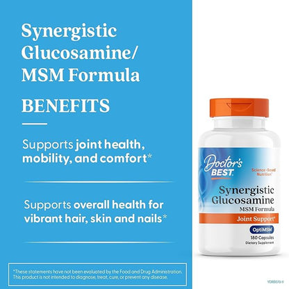 Doctor's Best Synergistic Glucosamine with MSM Formula - Joint Health Support Supplement for Women & Men, Features Vitamin C, Potassium, & Chloride, Non-GMO, Gluten Free, Soy Free - 180 Capsules
