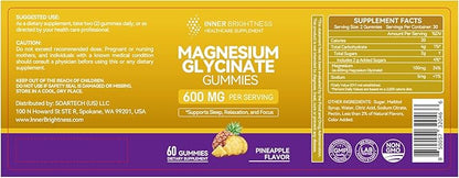 Magnesium Glycinate Gummies 600mg, Non-GMO, Gluten-Free, Magnesium Gummies for Adults & Kids, Sleep, Relaxation & Focus, Pineapple Flavor, 60 Count