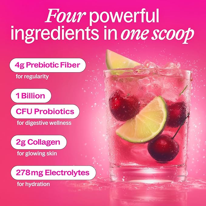 Belli Welli Fiber Supplement for Women&Men, Premium Daily Fiber Powder from Organic Acacia Fiber Added Collagen, Electrolytes&Probiotics, No Bloat, Constipation&Gut Health Support (Cherry Limeade)