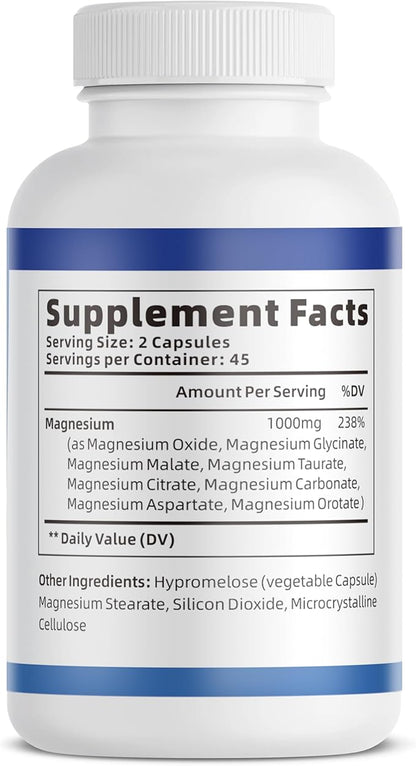 1000mg Magnesium Complex Capsules, 8 Elemental with Magnesium Glycinate, Citrate, Malate, Taurate, Oxide, Carbonate, Aspartate, Orotate for Bones, Muscle, Recovery, Energy, Vegan Non-GMO, 2 Bottle