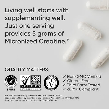 Sports Research® Creatine Monohydrate Capsules - Supports Workout Recovery, Lean Muscle gain, Performance and Strength* - Non-GMO, Vegan Certified - 5g per Servings - 30 Servings