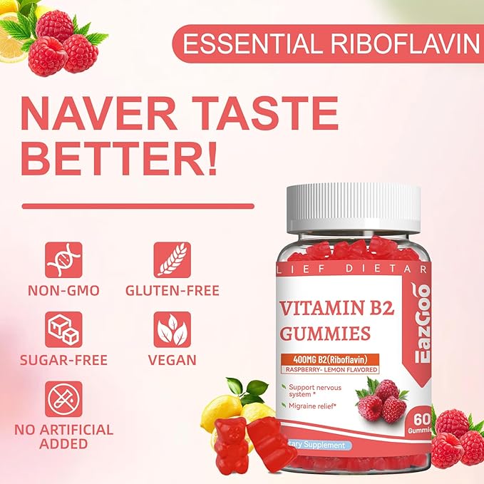 Vitamin B2 Gummies - Riboflavin 400mg Supplement with Magnesium for Adults, B2 Gummies for Migraine Relief* & Nervous System Support* - Vegan, Sugar-Free, Raspberry-Lemon Flavor, 60 Count