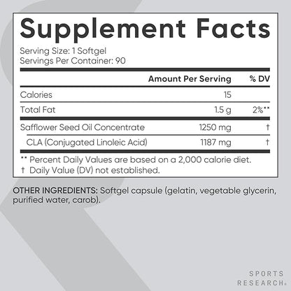 Sports Research CLA - 1250mg with Active Conjugated Linoleic Acid for Men and Women | Non-GMO, Soy & Gluten Free - 95% (90 Softgels)