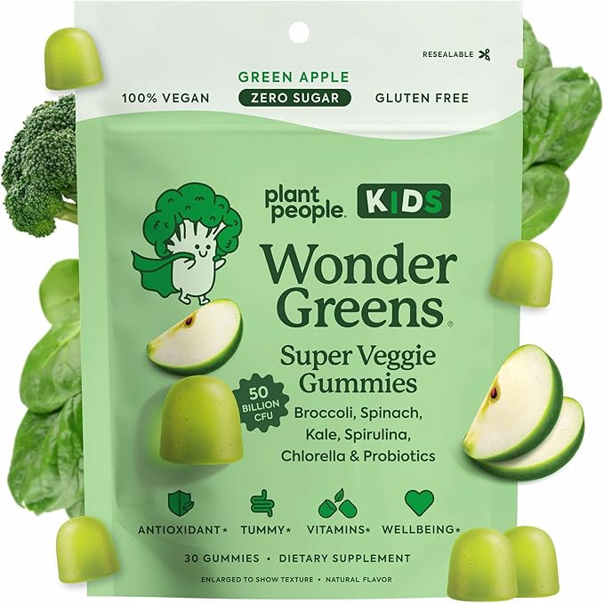 WonderGreens Kids Super Veggie Gummies – Sugar-Free, Allergen-Free Multivitamin for Picky Eaters with Probiotics – Tummy & Immune Support – Green Apple Flavor (30 Count)