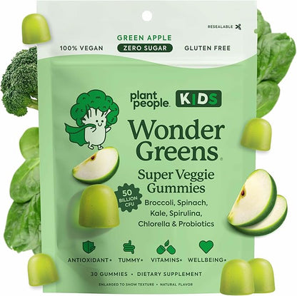 WonderGreens Kids Super Veggie Gummies – Sugar-Free, Allergen-Free Multivitamin for Picky Eaters with Probiotics – Tummy & Immune Support – Green Apple Flavor (30 Count)