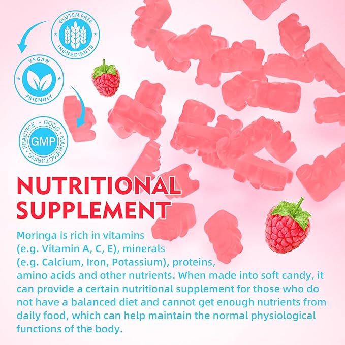 Moringa Gummies - Pure Moringa Leaf Supplement for Adults, Contains Essential Vitamins, Antioxidants & Amino Acids, Sugr-Free, Raspberry Flavor, 60 Count