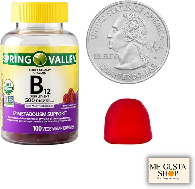 B12 500 mcg Spring Vallley Raspberry Flavor Gummy Vitamin B12 Gummies 100 ct (Pack of 1) + me Gusta Sticker