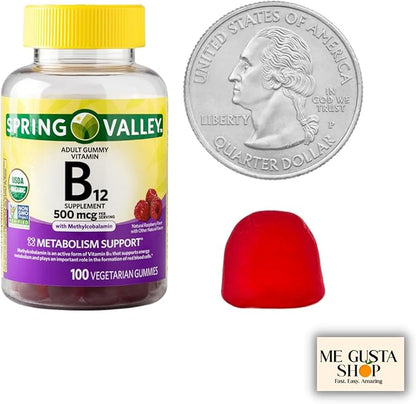 B12 500 mcg Spring Vallley Raspberry Flavor Gummy Vitamin B12 Gummies 100 ct (Pack of 1) + me Gusta Sticker