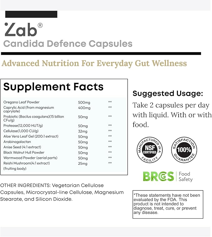ZAB Candi Defence Capsules 11-in-1 - Candida Cleanse for Women Men Candida Support with Caprylic Acid, Oregano, Probiotics & Aloe - 1307mg Gut Cleanse Detox for Candida Clean Balance, 90 Capsules