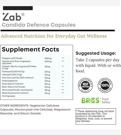ZAB Candi Defence Capsules 11-in-1 - Candida Cleanse for Women Men Candida Support with Caprylic Acid, Oregano, Probiotics & Aloe - 1307mg Gut Cleanse Detox for Candida Clean Balance, 90 Capsules