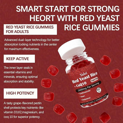 Premium Red Yeast Rice with CoQ10 Gummies for Heart & Cholesterol Support | Sugar Free, Strawberry Flavor | 60 Gummies (30 Day Supply) | Vegan, Non-GMO