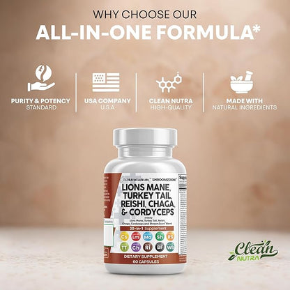 Clean Nutraceuticals Lions Mane 20in1 Mushroom Supplement with Turkey Tail Reishi Cordyceps Chaga Maitake Meshima Poria Cocos Shiitake Oyster Porcini Enoki (5)