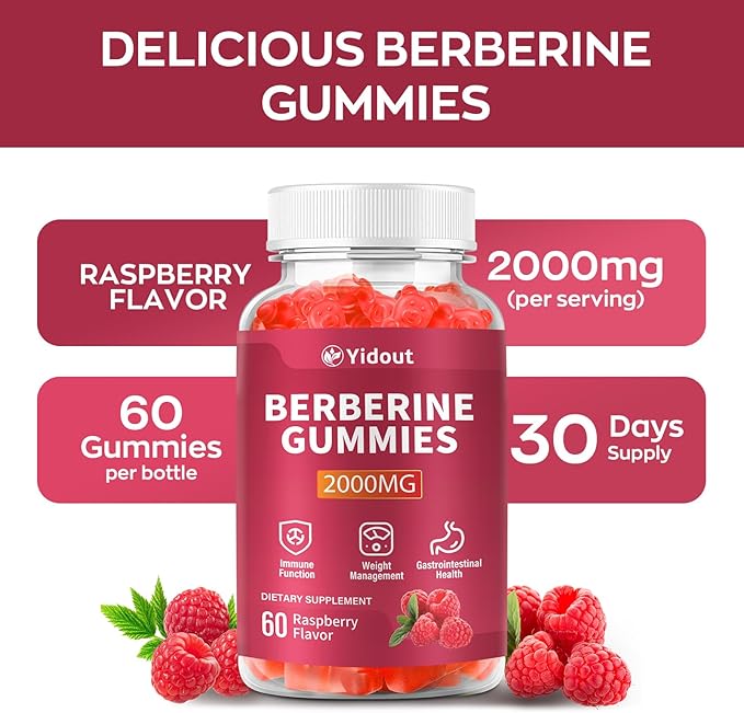 Berberine Gummies 2000mg-Natural High Potency Berberine HCL Supplement - Immune System & Metabolism Support - Vegan, Non-GMO - Delicious Raspberry Flavor (60 Count（Pack of 1）)