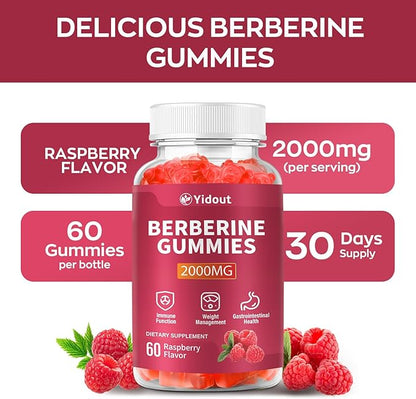 Berberine Gummies 2000mg-Natural High Potency Berberine HCL Supplement - Immune System & Metabolism Support - Vegan, Non-GMO - Delicious Raspberry Flavor (60 Count（Pack of 1）)