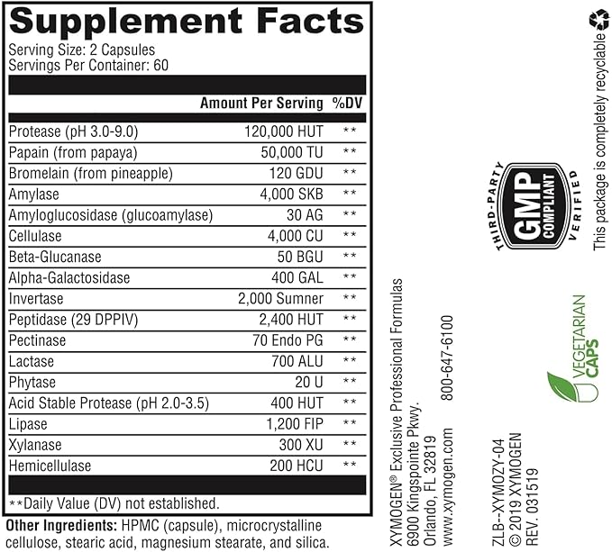 XYMOGEN XymoZyme - Digestive Enzymes for Women and Men with Protease & Bromelain - Acid Resistant, Vegan Digestive Enzymes for Gut Health & Bloating Relief (120 Capsules)