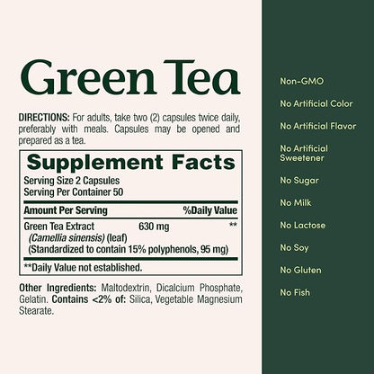 Nature's Bounty Green Tea Pills and Herbal Health Supplement, Supports Heart and Antioxidant Health, 315mg, 100 Capsules