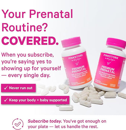 Pink Stork Premium Prenatal Vitamins for Women | Methylated Folate, Choline, Iron, Vegan DHA | Doctor-Formulated Prenatal Vitamin | Organic Whole-Foods & Probiotic | Gentle on Stomach, 60 Count