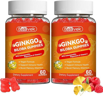 2 Pack Ginkgo Biloba Gummies with Ashwagandha, Vitamin C & Magnesium - Vegan, Non-GMO, Gluten-Free - Raspberry Flavor, 120 Count