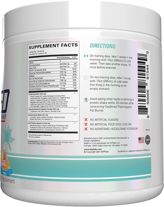 EHP Labs OxyShred Pre Workout Powder - Preworkout Powder with L Glutamine & Acetyl L Carnitine, Energy Boost Drink - Bahama Breeze/Beach, 60 Servings