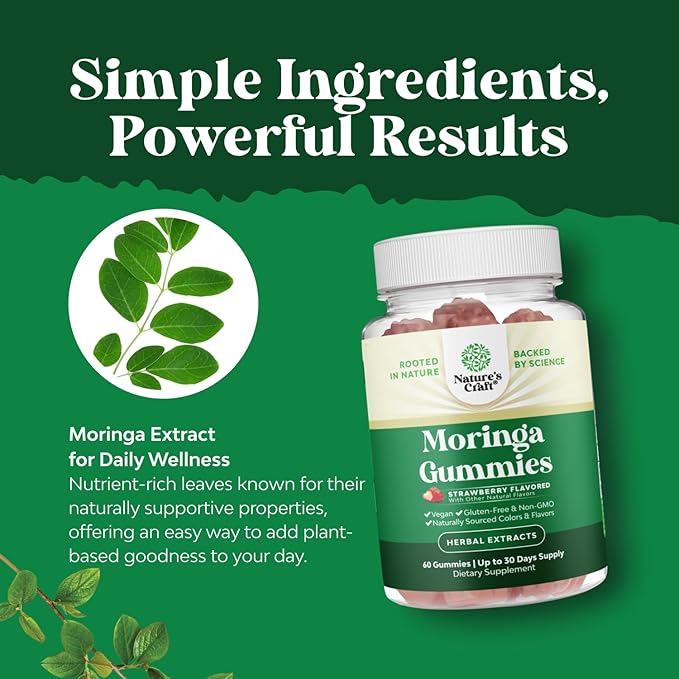 Extra Strength Moringa Gummies for Women - Natural Antioxidant Green Superfood Gummy Vitamins for Women with 10:1 Moringa Extract - Vegan Non-GMO & No Artificial Flavors or Colors - 60 Count (2 Pack)