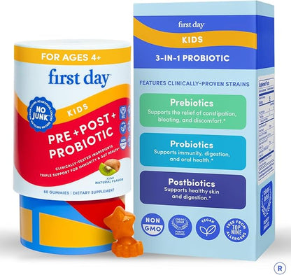 FIRST DAY Kids 3-in-1 Probiotic Gummies – Prebiotic + Probiotic + Postbiotic Supplement – Supports Digestive & Oral Health, Immune Function & Energy Levels – 30-Day Supply