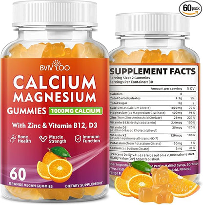 Calcium Gummies 1000mg with Vitamin D3 K2 & B Complex, Potassium, Calcium Magnesium Zinc Gummies for Bone, Muscle, Mood and Immunity - Orange Flavor 60 Gummies