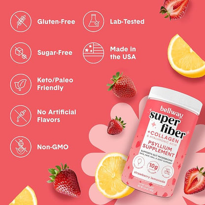 Bellway Super Fiber Powder + Collagen, Sugar-Free Psyllium Husk Powder with Collagen Peptides and Hyaluronic Acid for Gut Health, Healthy Skin, Nails, Bones & Joints, Strawberry Lemonade (11 Servings)